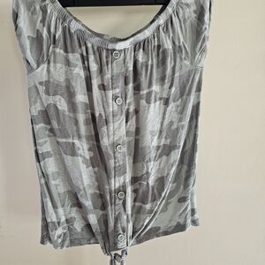 Justice Girls Gray Camo Button-Front Tie Hem Top